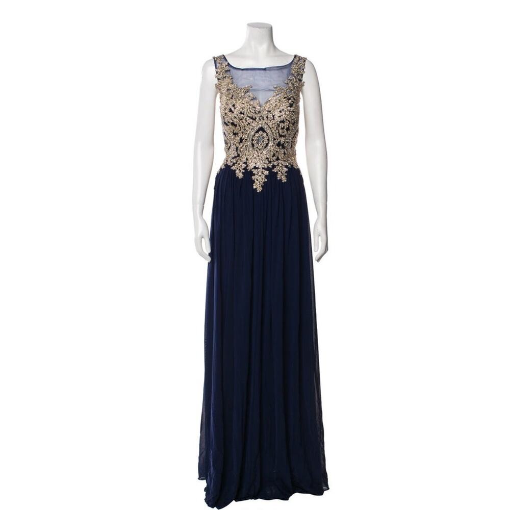 JVN by Jovani Navy and Gold Embellished Evening Dress